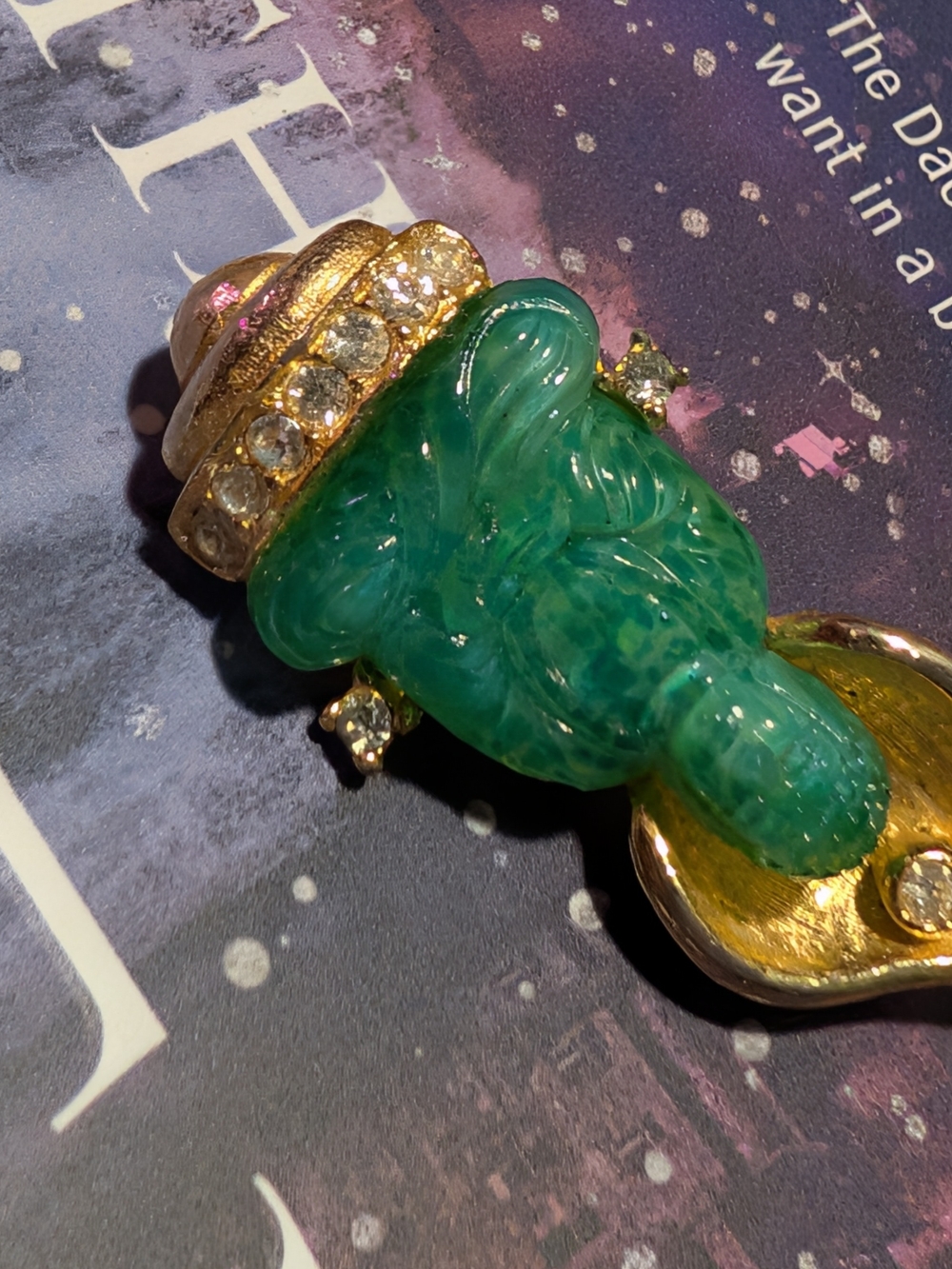 Green Buddha Brooch with Gold and Crystal Accents - Picture 4 of 4